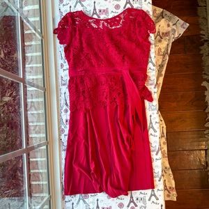 Red Paisley-Lace Layered Dress with Sash at Waist